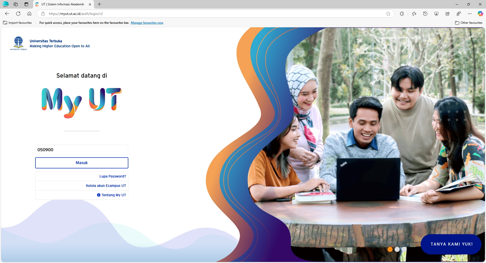 Gambar 1: Tombol Login Office365 di MyUT
