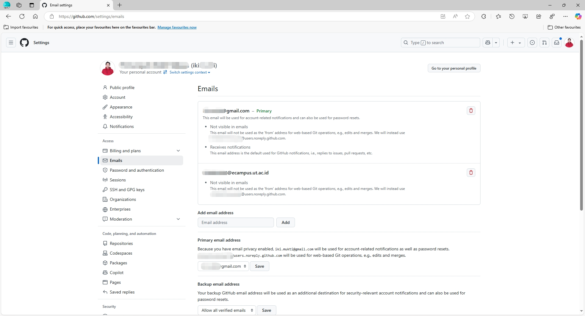 Gambar 2: Menambahkan email mahasiswa UT di pengaturan akun GitHub