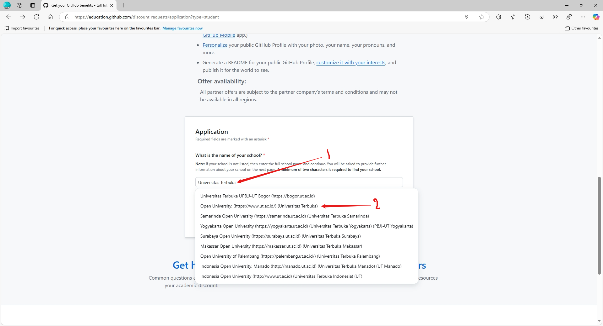 Gambar 4.1: Formulir verifikasi dengan email institusi pada GitHub Education 1