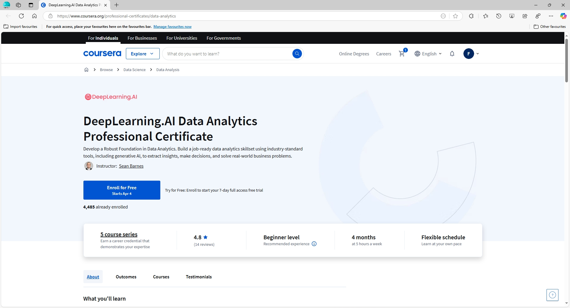 Gambar 1.1: Buka Halaman kursus Data Analytics Foundations di Coursera