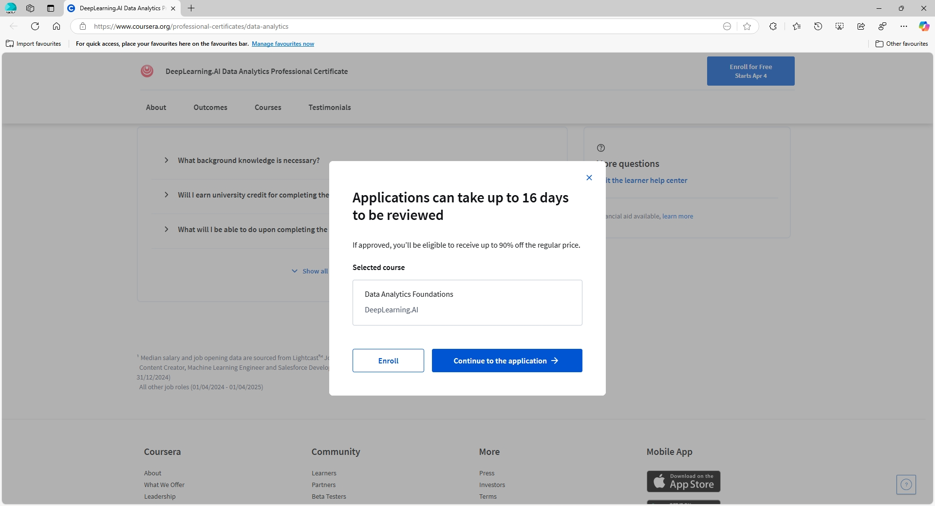 Gambar 2: Laman pengantar Financial Aid Coursera, dengan tombol "Continue to the Application" untuk melanjutkan ke formulir