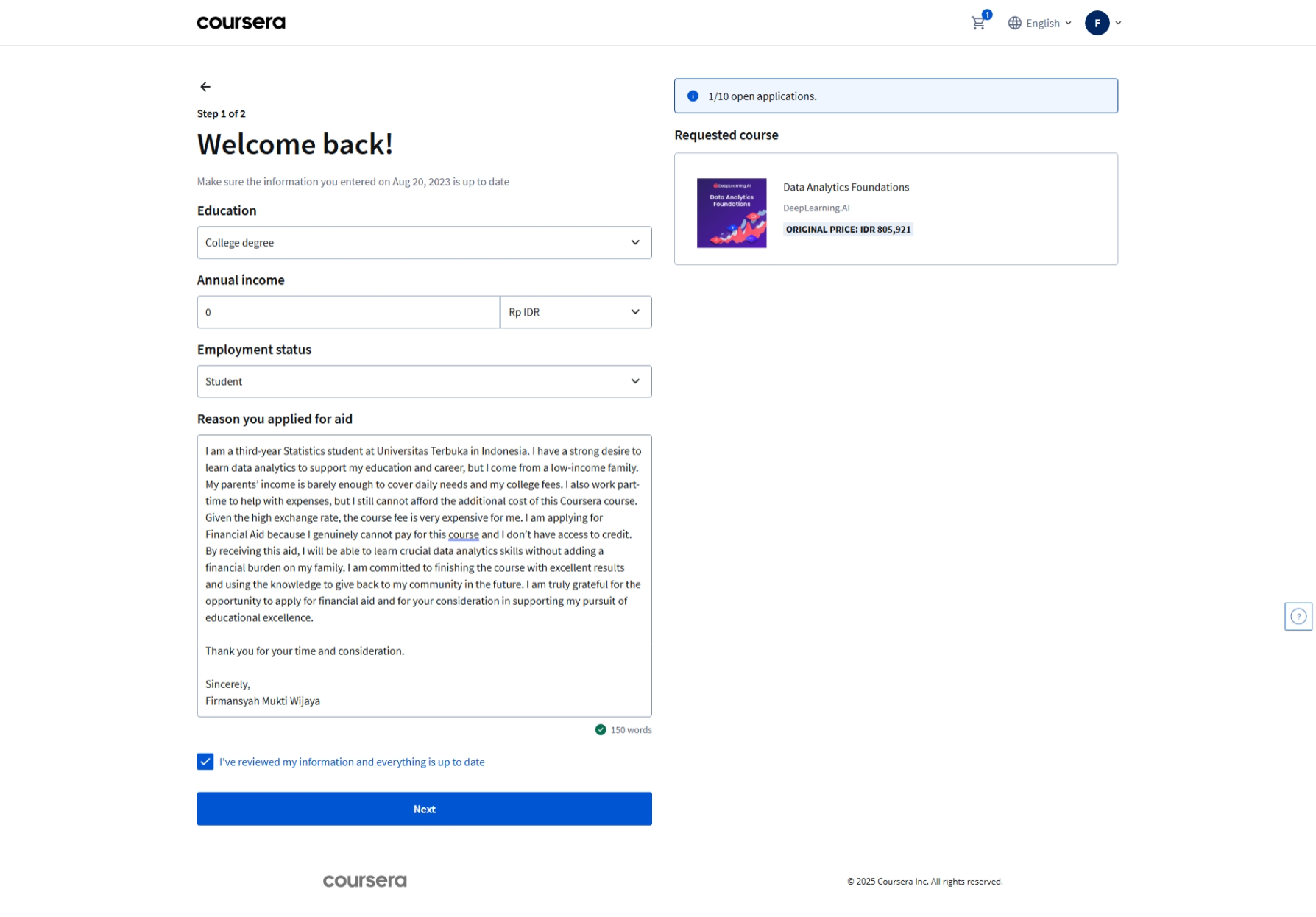 Gambar 3: Contoh formulir Financial Aid Coursera - bagian Background Information dengan pertanyaan untuk Reason you applied for aid
