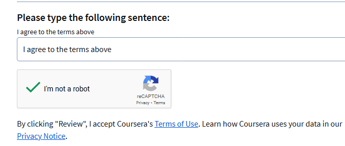 Gambar 4: Formulir persetujuan Honor Code Coursera, pengguna harus mencentang kotak dan mengetik "I agree to the terms above"