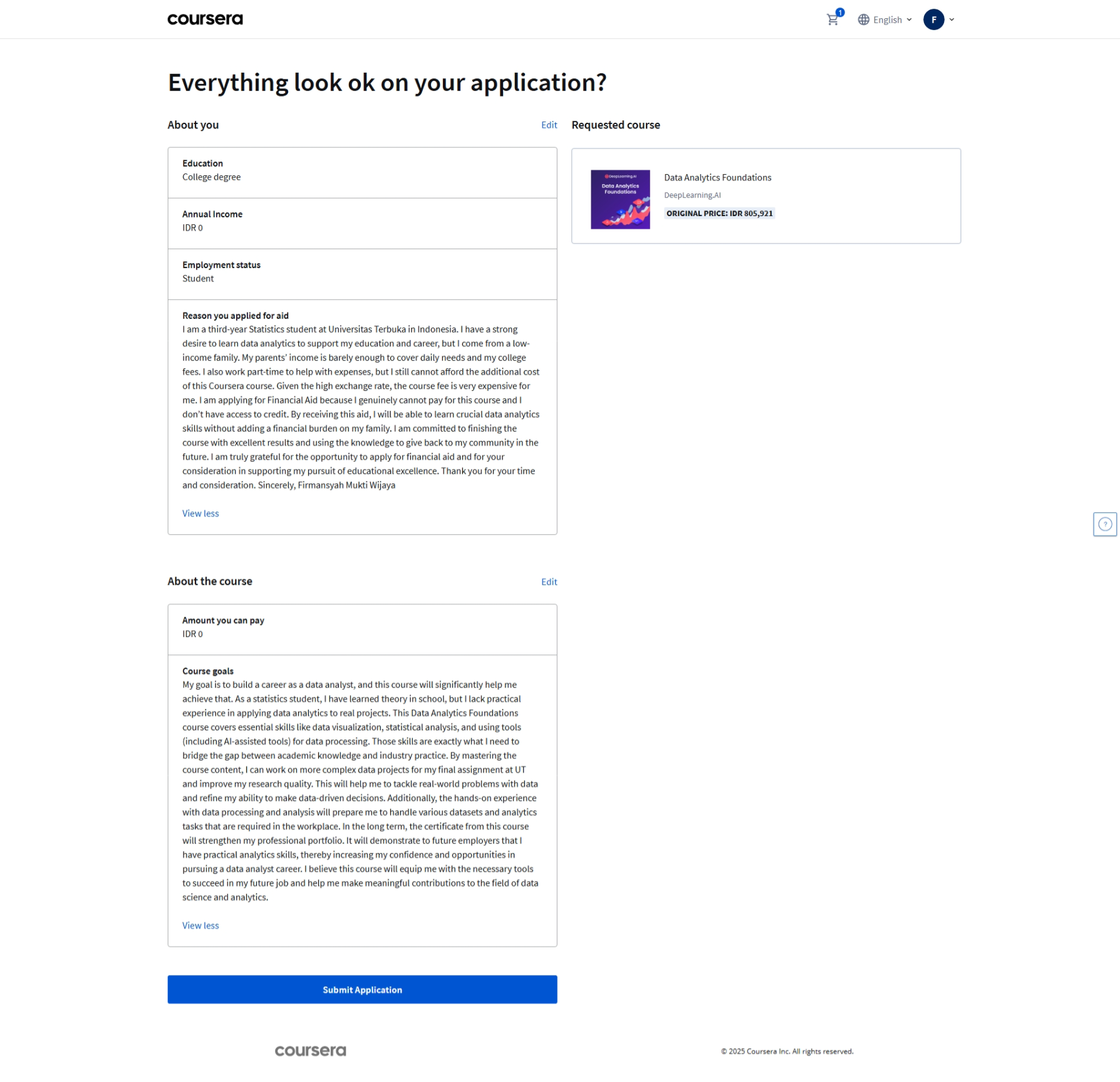 Gambar 6.1: Hasil ringkasan aplikasi yang mencakup data pribadi, pendidikan, pekerjaan, alasan pengajuan bantuan finansial, dan esai yang sudah Anda isi."